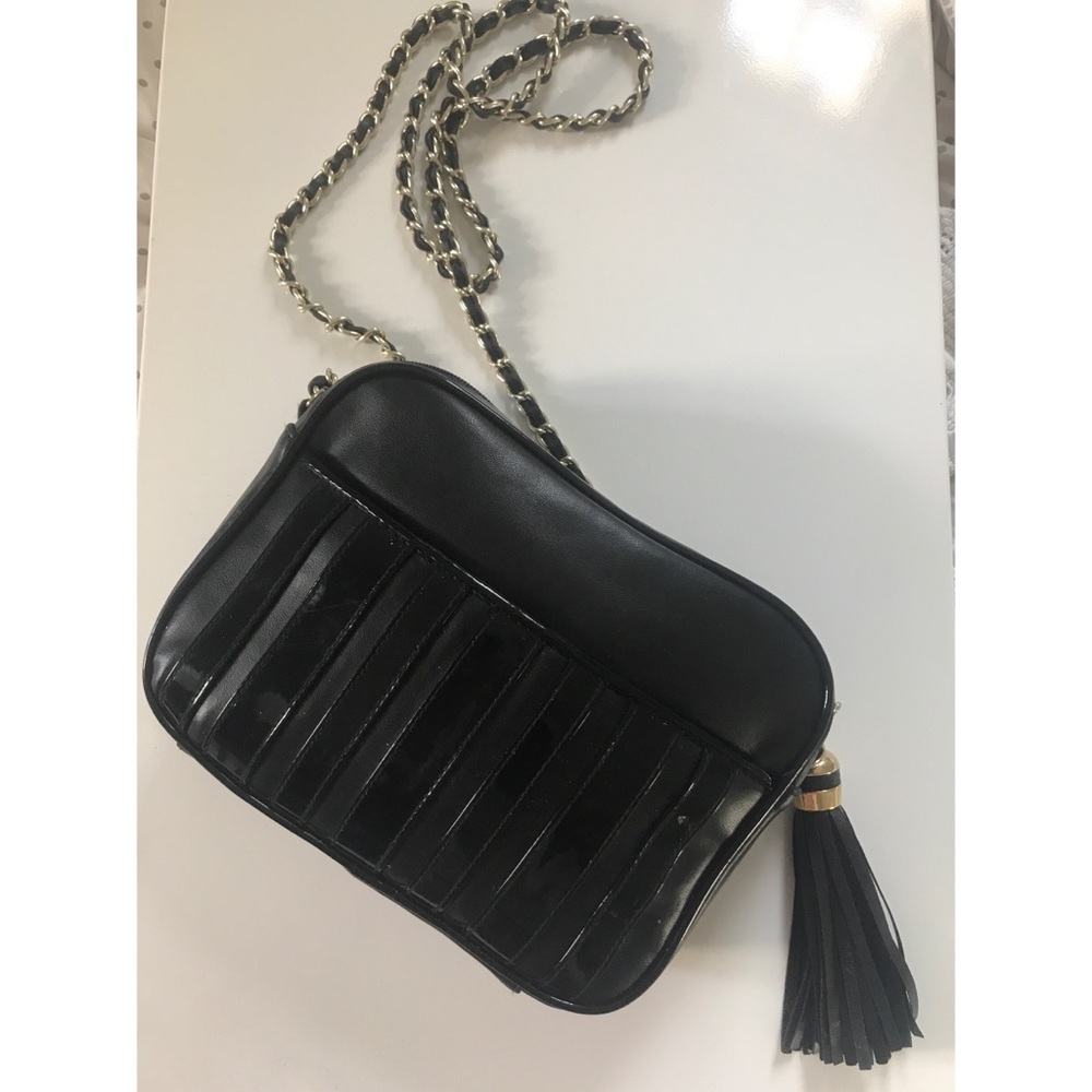 Black Leather and Gold Chain Crossbody Purse